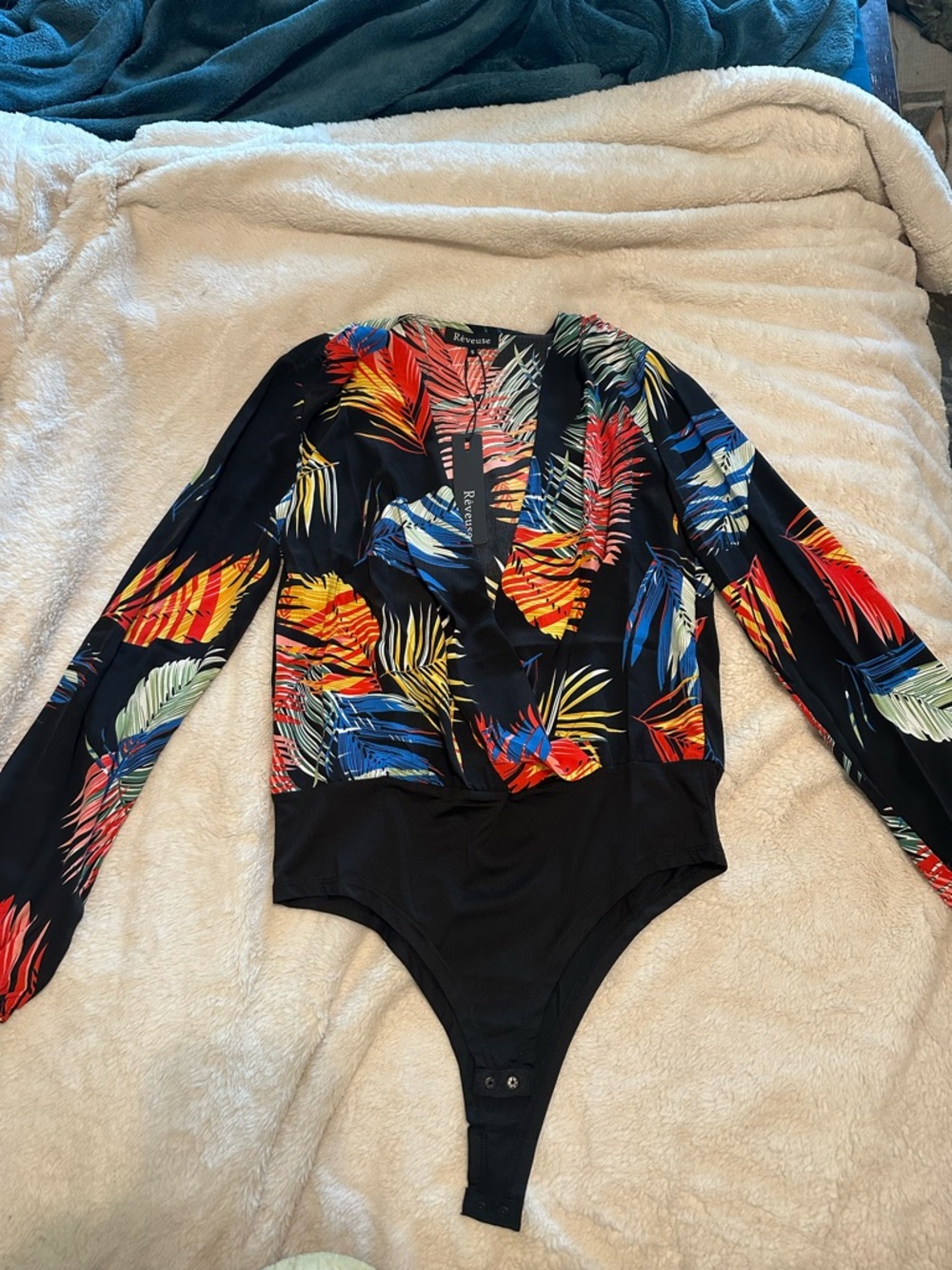 Revolve Black Tropical-Print Long Sleeve Bodysuit